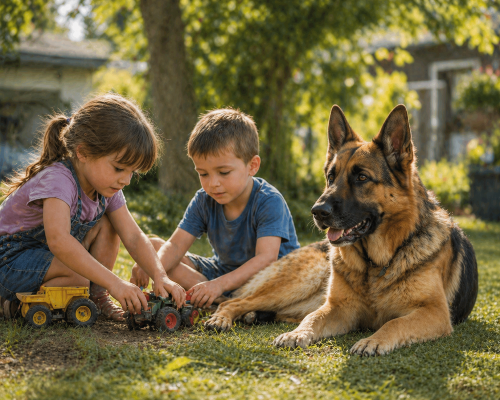 German Shepherd lying calmly near children playing in a garden, relaxed yet watchful behavior showing — Are German Shepherds Friendly?
