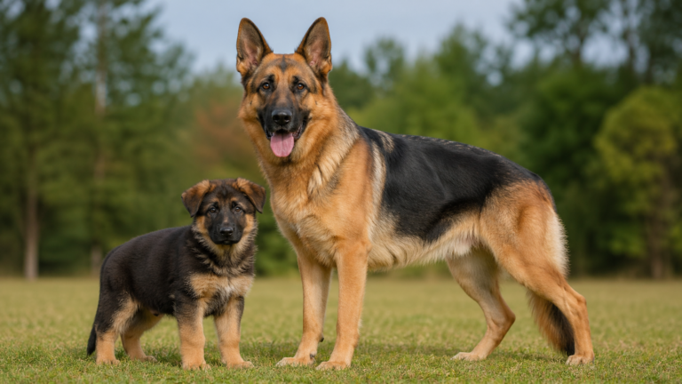 German Shepherd growth stages showing puppy vs adult ideal breeding age maturity development healthy strong dog comparison
