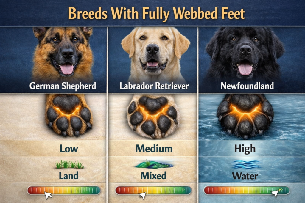 Breeds with fully webbed feet comparison chart showing German Shepherd, Labrador, and Newfoundland paw webbing levels and swimming ability
