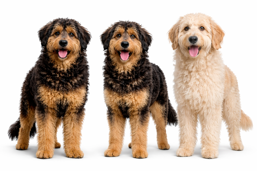 German Shepherd Poodle mix coat types including curly wavy and straight styles with different Shepadoodle colours