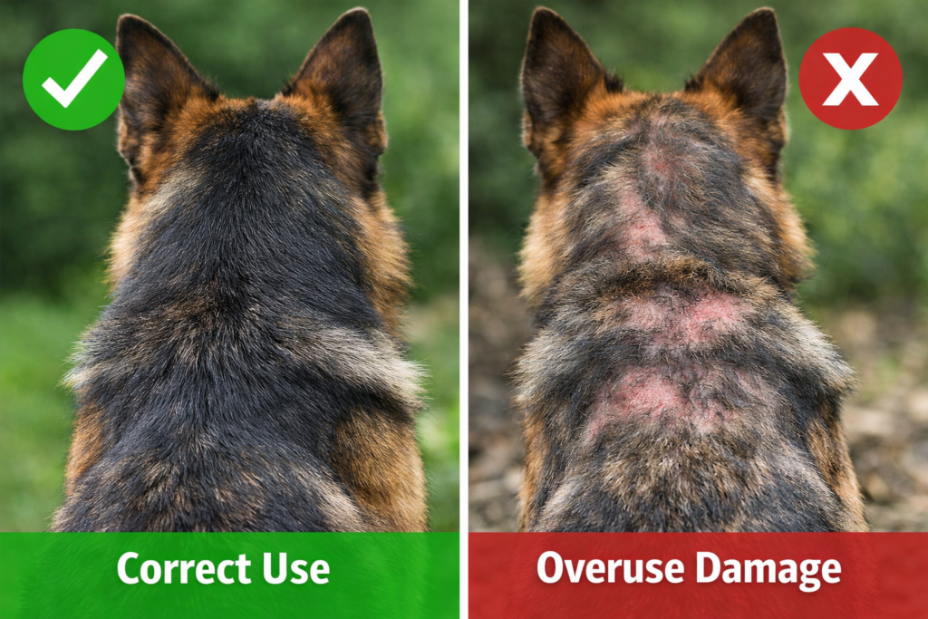 Furminator good for German Shepherds shown with healthy coat vs over-brushed damaged coat to explain safe grooming use and risks
