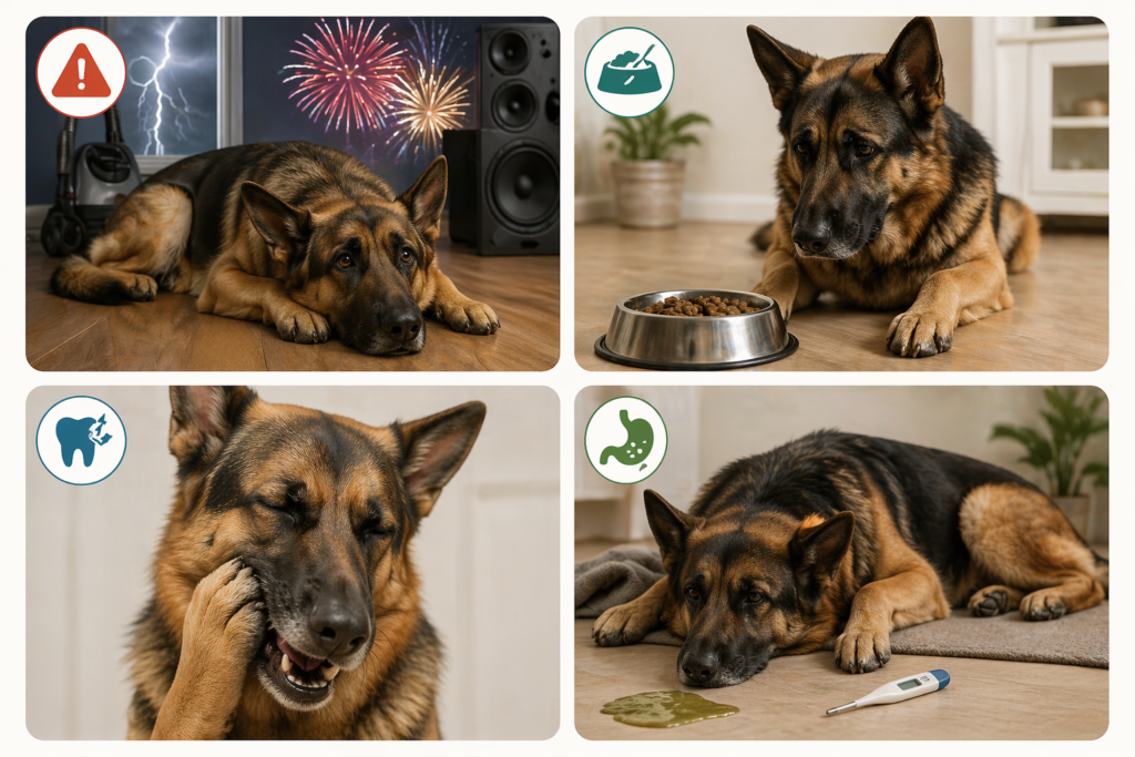 Common reasons why German Shepherds stop eating showing stress, diet issue, dental pain and illness in a clear visual grid

