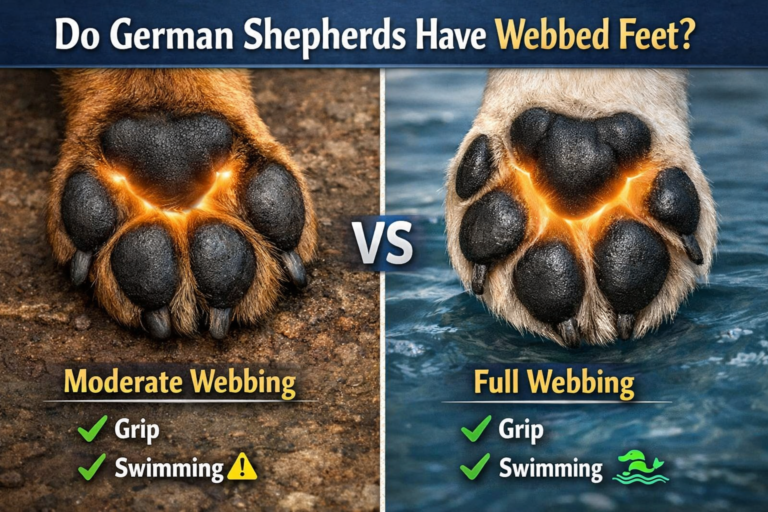 Do German Shepherds Have Webbed Feet? infographic comparing German Shepherd paw vs water dog paw, showing moderate vs full webbing clearly
