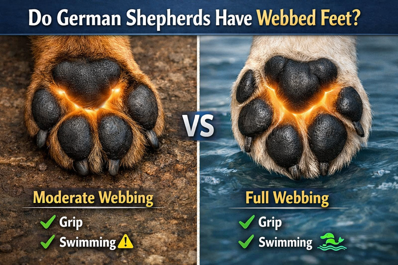 Do German Shepherds Have Webbed Feet? infographic comparing German Shepherd paw vs water dog paw, showing moderate vs full webbing clearly