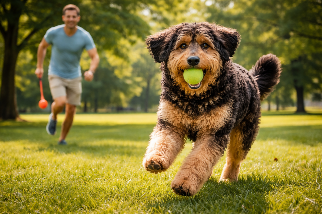 Active German Shepherd Poodle mix running outdoors showing high energy and daily exercise needs of a Shepadoodle dog