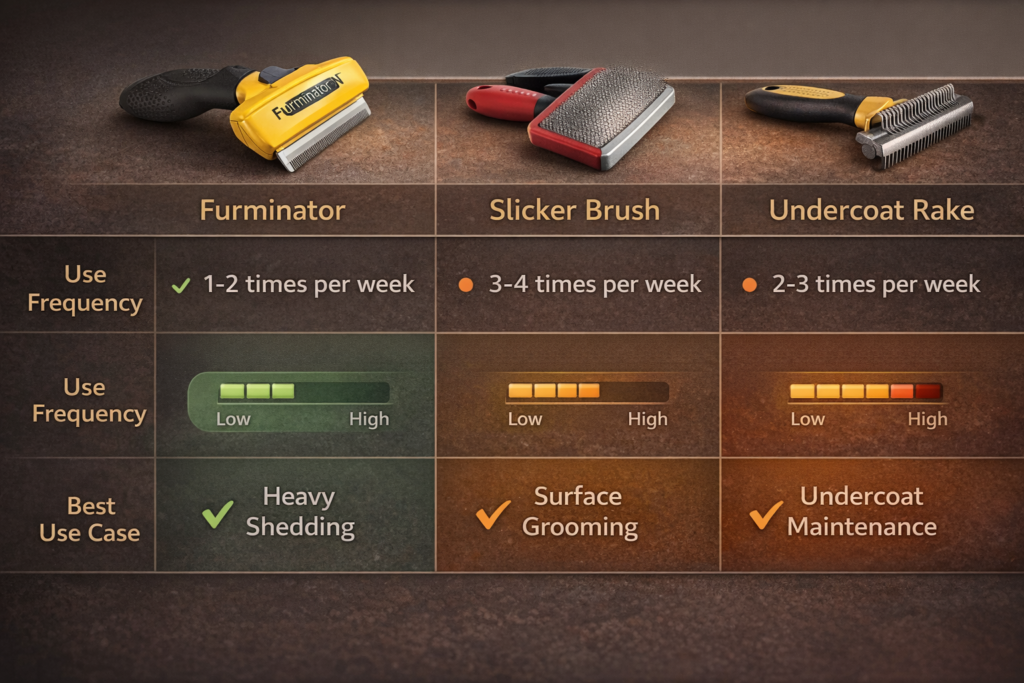 Furminator vs other grooming tools comparison chart showing use frequency, aggressiveness level, and best use cases clearly
