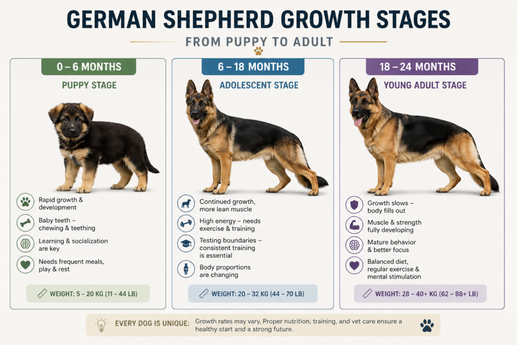 German Shepherd growth timeline showing puppy adolescence and adult stages with ideal breeding age development chart
