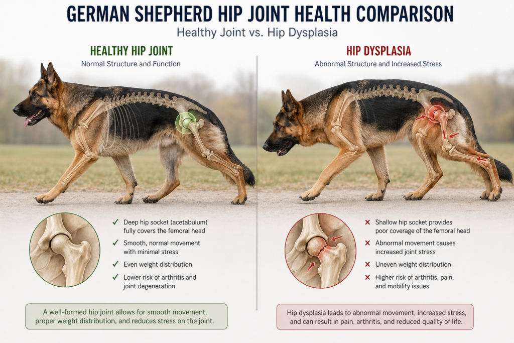 German Shepherd hip dysplasia risk illustration showing joint stress caused by extreme sloped back structure