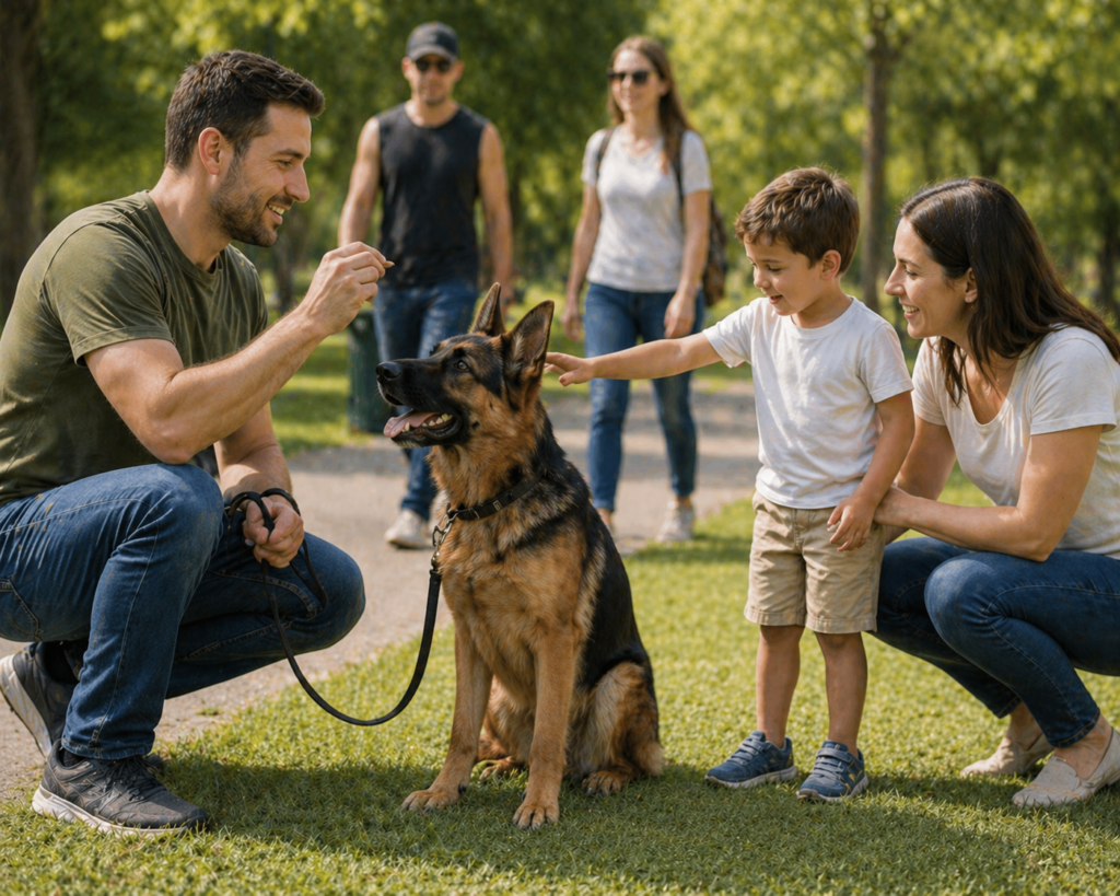 Owner training German Shepherd in park with calm social interaction, rewarding good behavior — Are German Shepherds Friendly?
