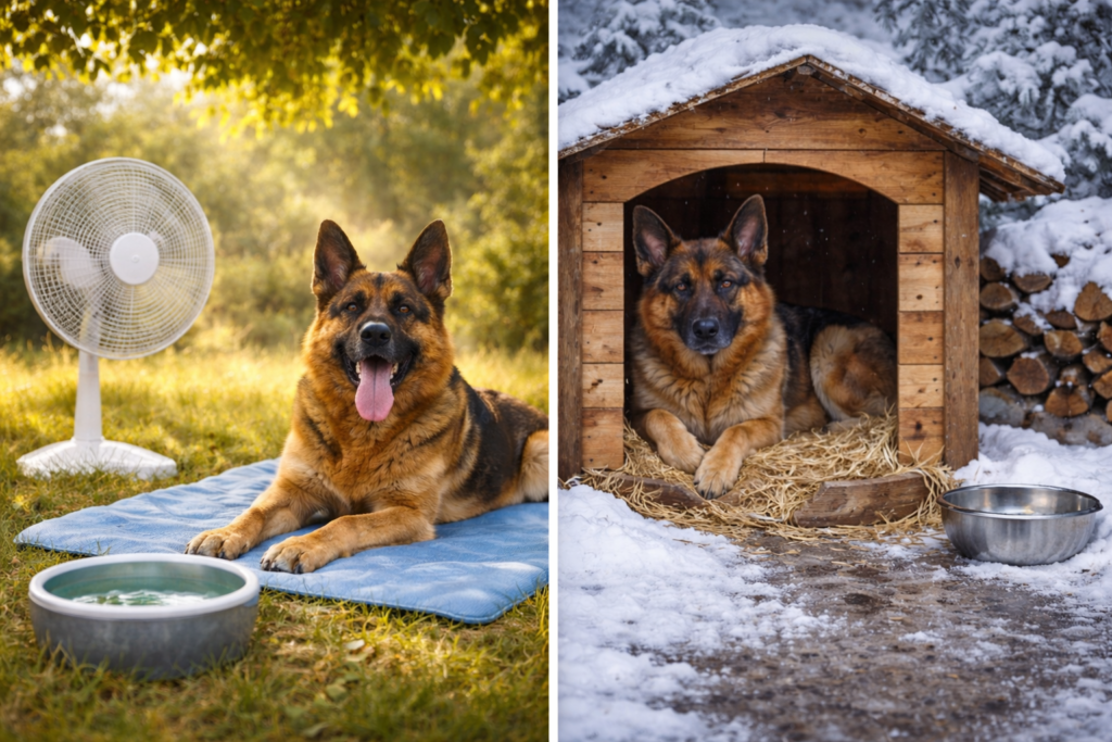 How Can You Protect a German Shepherd in Hot and Cold Weather? summer cooling setup and winter insulated shelter care scene
