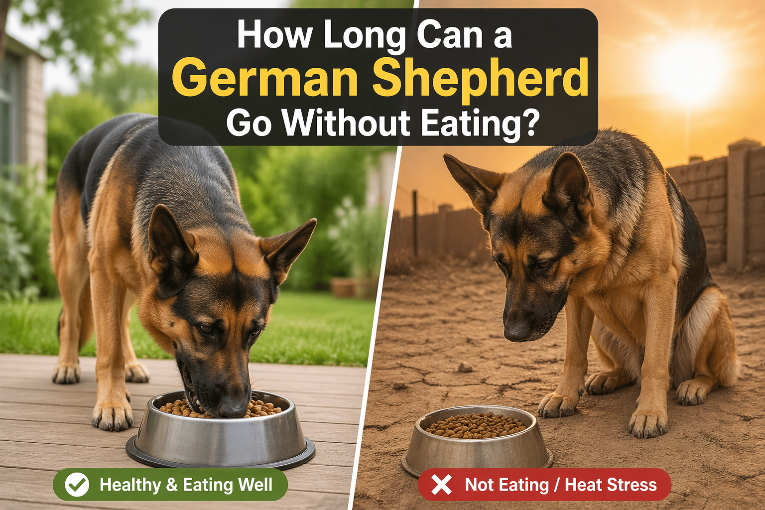 Split image showing a healthy dog eating vs stressed dog ignoring food, explaining How Long Can a German Shepherd Go Without Eating?