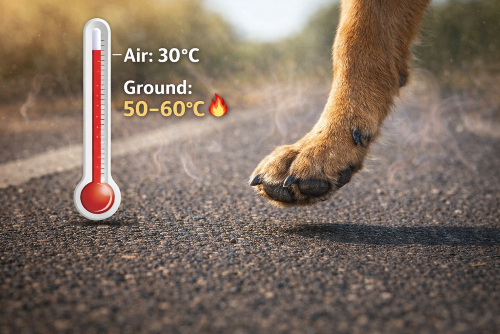 How Much Heat Can a German Shepherd Handle? dog paw lifted on hot asphalt showing 30°C air vs 50–60°C ground heat risk and burn danger
