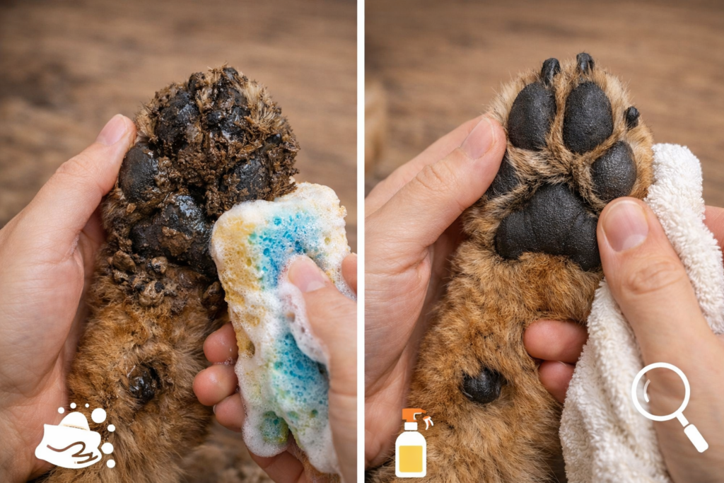 German Shepherd paw care showing dirty vs clean paw, cleaning, drying, and checking between toes for healthy paw hygiene routine
