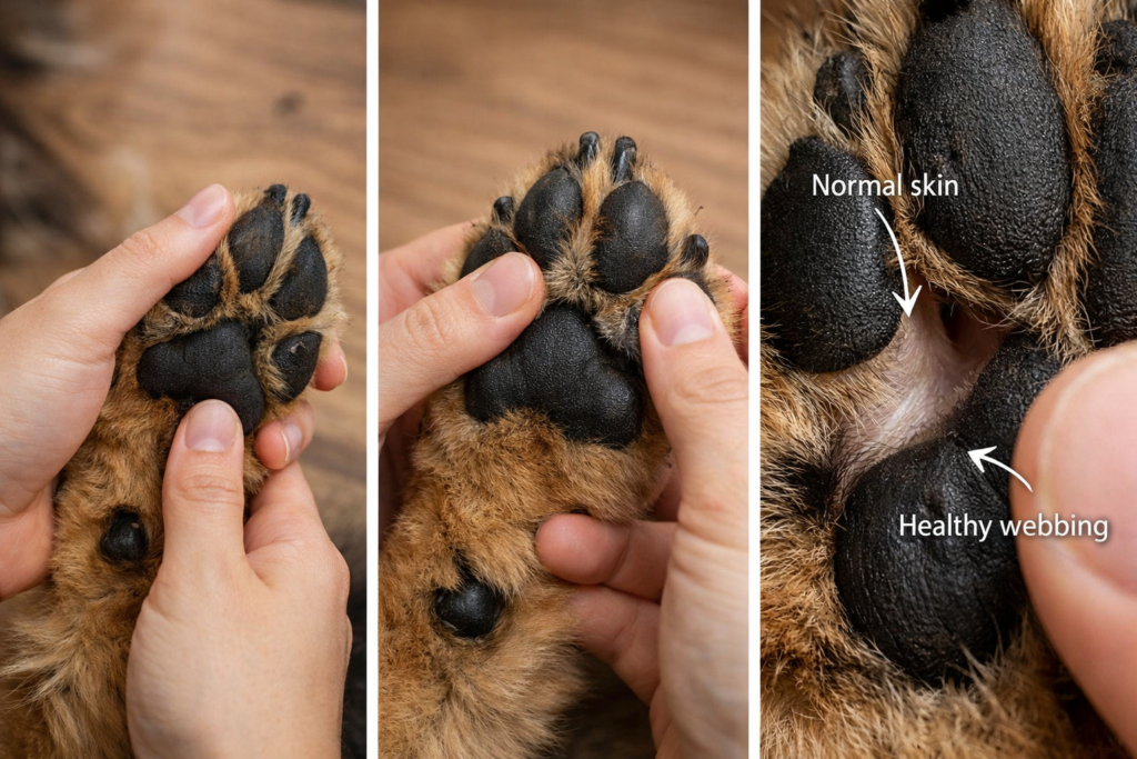 German Shepherd webbed feet check showing paw held gently, toes spread, and close-up of healthy webbing between toes visible
