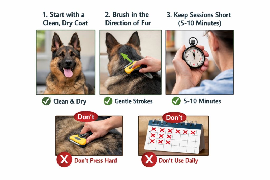 Step-by-step guide showing how to use a Furminator on a German Shepherd with clean coat, gentle brushing, and safe grooming tips
