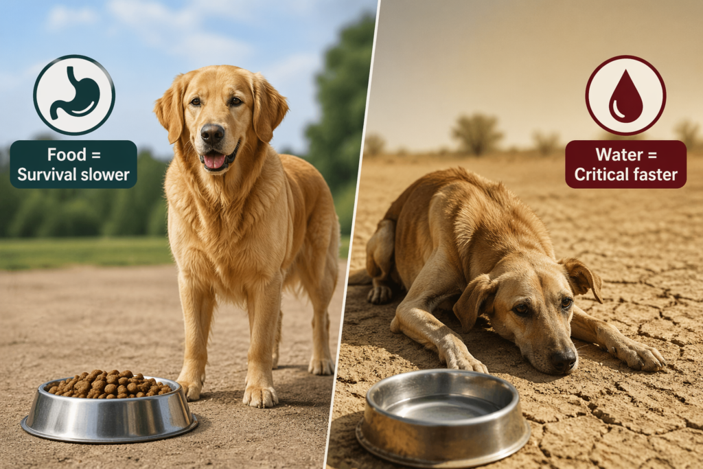Dog hydration vs food comparison showing strong dog with food and weak dehydrated dog, highlighting why water is more critical for survival
