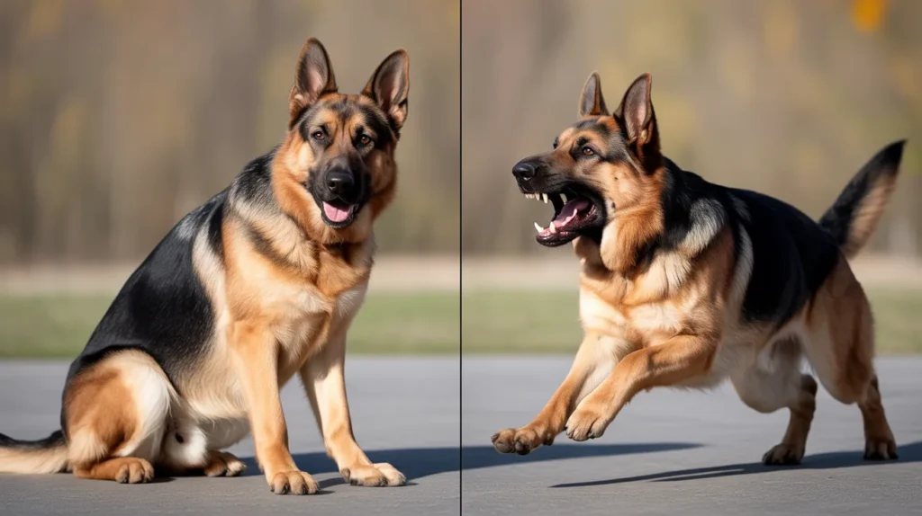 German Shepherd protection vs aggression behaviour comparison showing controlled defense and uncontrolled aggressive reaction