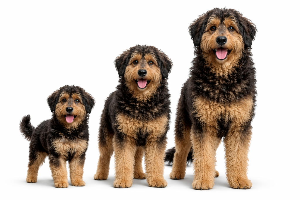Different sizes of German Shepherd Poodle mix dogs showing height and weight variation in Shepadoodle appearance