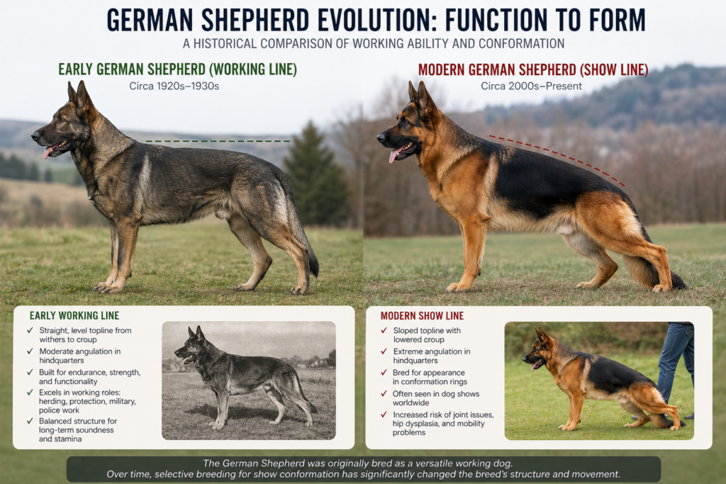 German Shepherd evolution showing early straight back working dog vs modern sloped back show line comparison