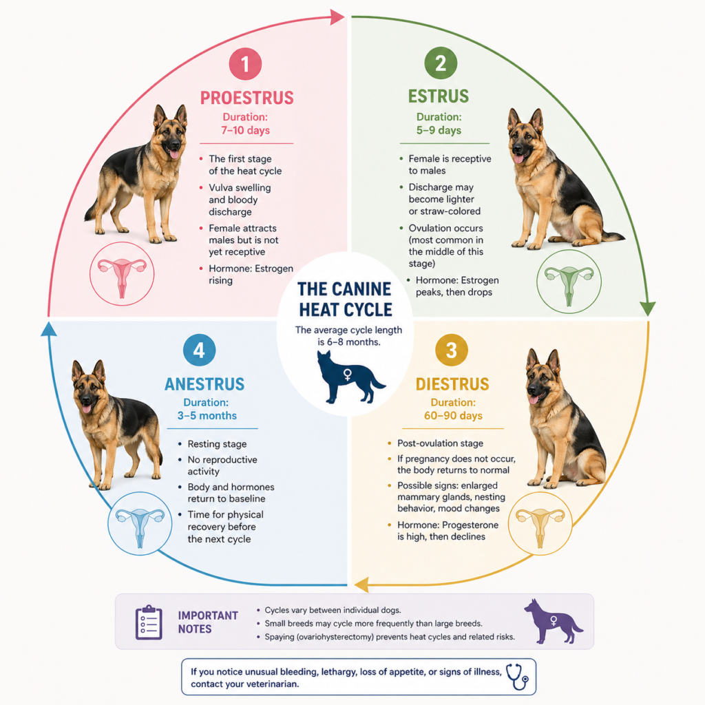 German Shepherd heat cycle stages diagram showing estrus fertile period best time for breeding female dog cycle explained