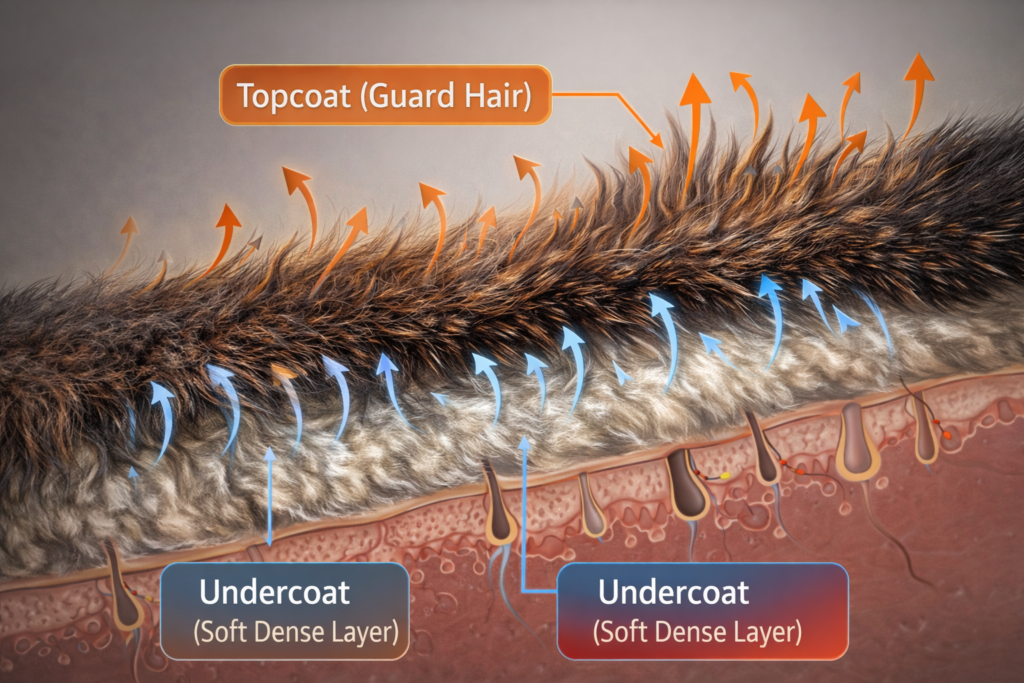 Understanding the German Shepherd Coat and Shedding diagram showing topcoat, undercoat layers and arrows explaining shedding flow

