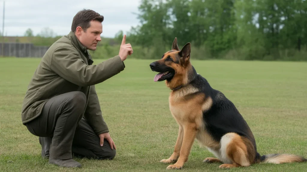 German Shepherd training session showing obedience control and proper behaviour to prevent aggression and improve protection response