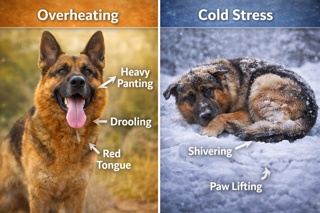What Are the Signs a German Shepherd Is Too Hot or Too Cold? panting drooling vs shivering curled posture paw lifting symptoms comparison
