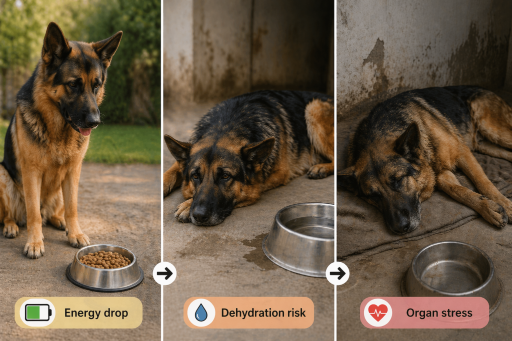 German Shepherd dehydration vs food comparison showing energy drop, dehydration risk, and organ stress stages without water vs food
