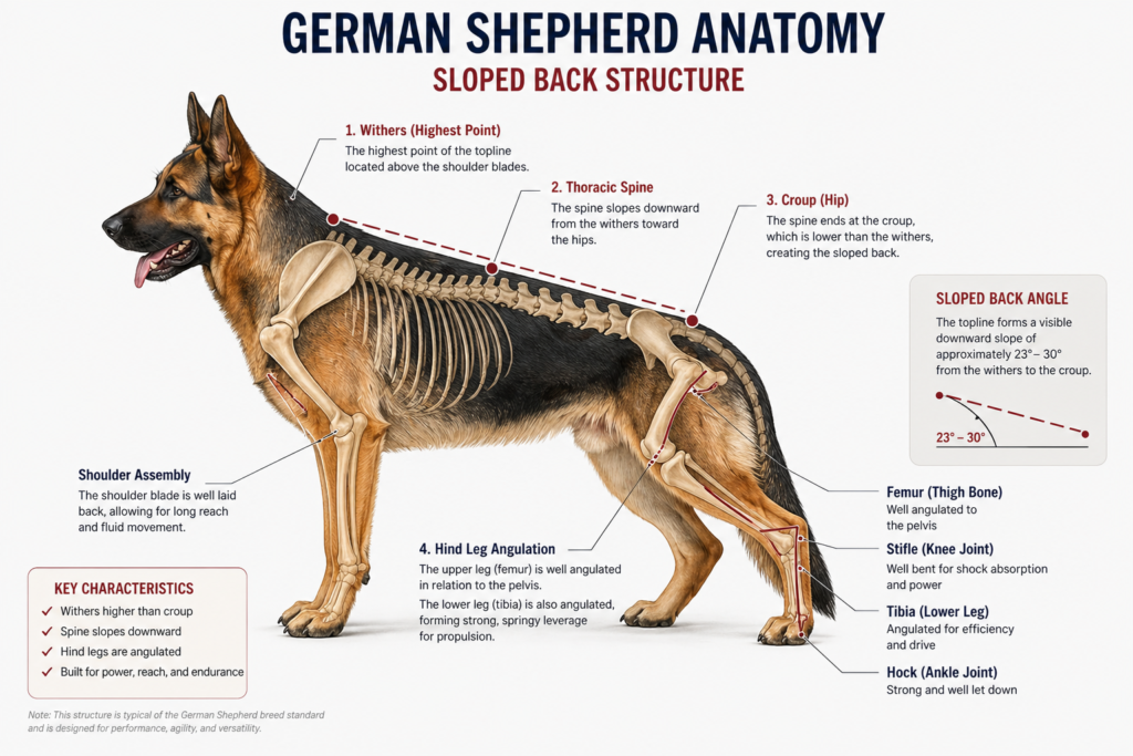 German Shepherd sloped back anatomy diagram showing spine angle hind leg angulation and posture structure clearly labled