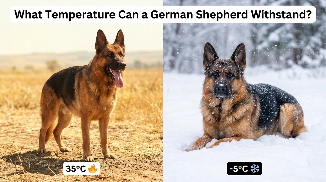 What Temperature Can a German Shepherd Withstand? split scene showing dog in 35°C heat panting and -5°C snow cold weather adaptation