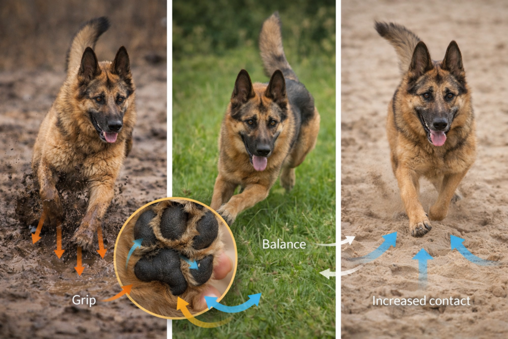 Breeds with fully webbed feet comparison chart showing German Shepherd, Labrador, and Newfoundland paw webbing levels and swimming ability
