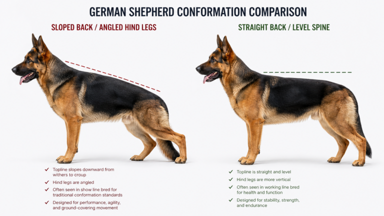 German Shepherd sloped back vs straight back comparison showing posture spine angle and hind legs difference clearly