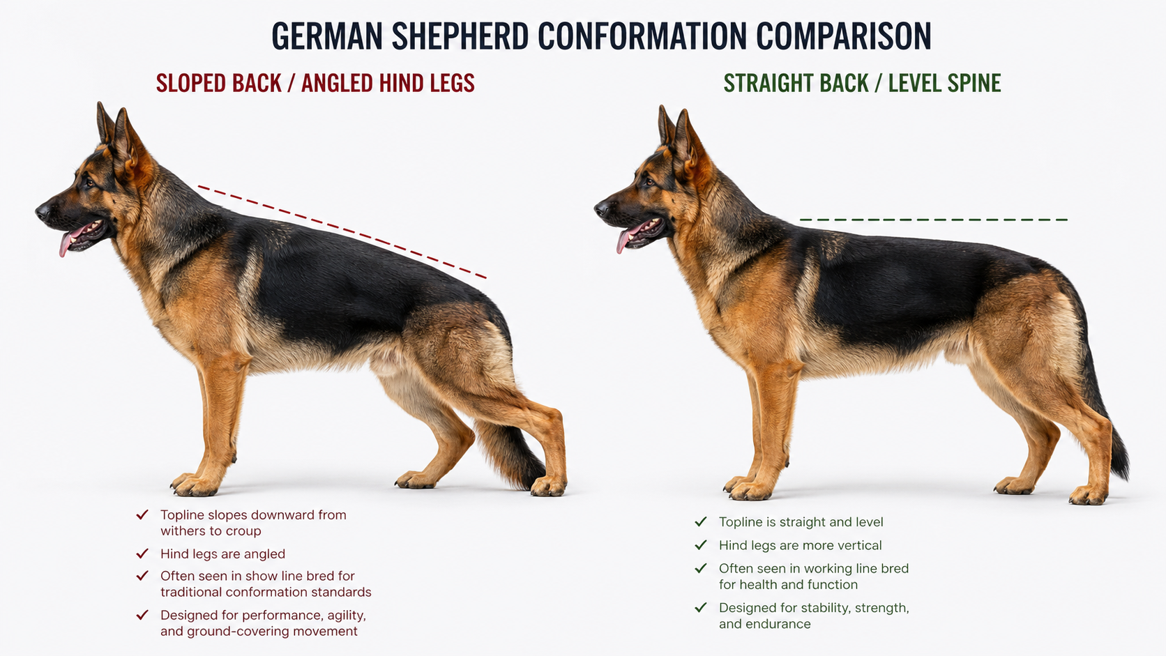 German Shepherd sloped back vs straight back comparison showing posture spine angle and hind legs difference clearly