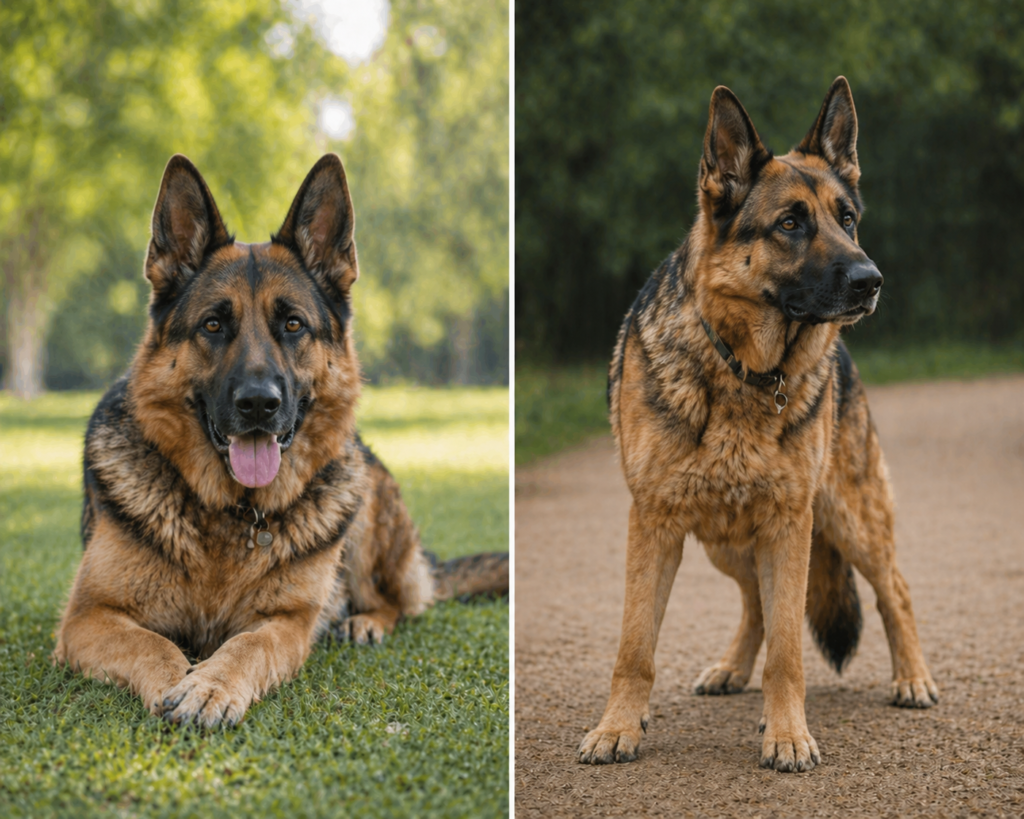 German Shepherd body language comparison showing calm relaxed posture vs tense alert stance — Are German Shepherds Friendly?

