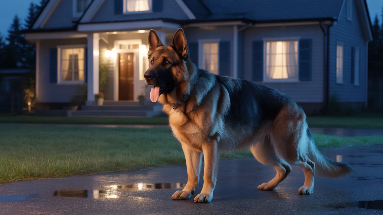 German Shepherd guarding home at night showing protective instincts and alert behaviour toward potential intruder situation