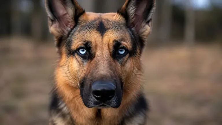 German Shepherd with rare blue eyes close up showing natural eye colour variation and genetics in purebred dogs