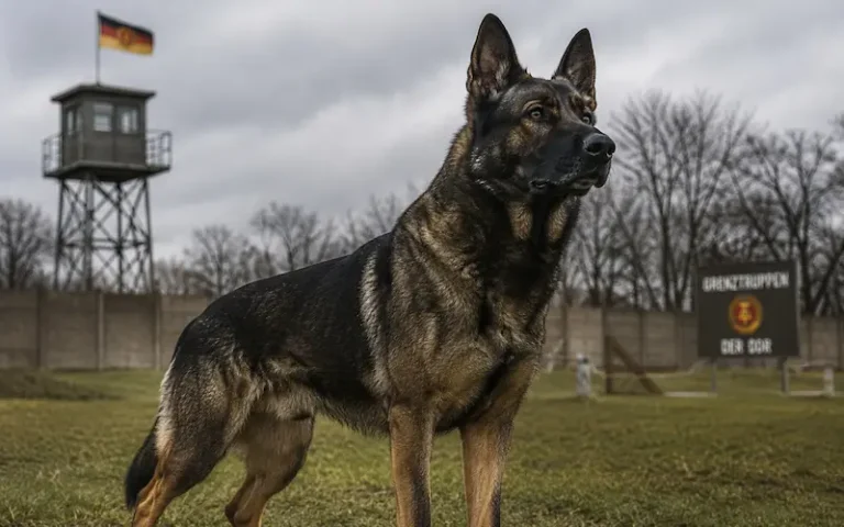DDR German Shepherd standing alert with strong muscles, dark coat, and straight back in working dog training field