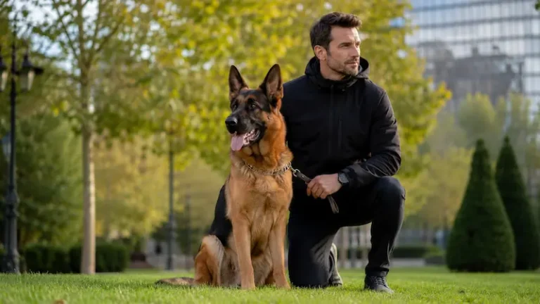 Full-blooded German Shepherd sitting outdoors showing healthy coat, strong build, and premium purebred appearance