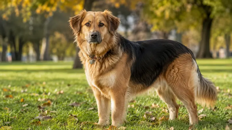 Golden Retriever German Shepherd Mix standing outdoors showing athletic body and thick double coat