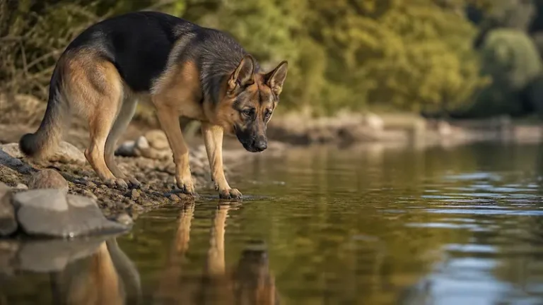 German Shepherd near water looking curious but unsure, showing do German Shepherds like water behaviour in real life