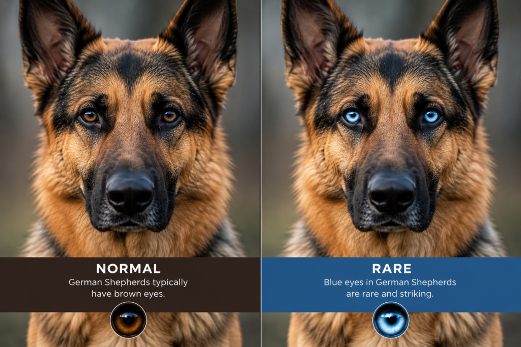 Comparison of German Shepherd brown eyes vs blue eyes showing rare eye color difference and natural breed appearance