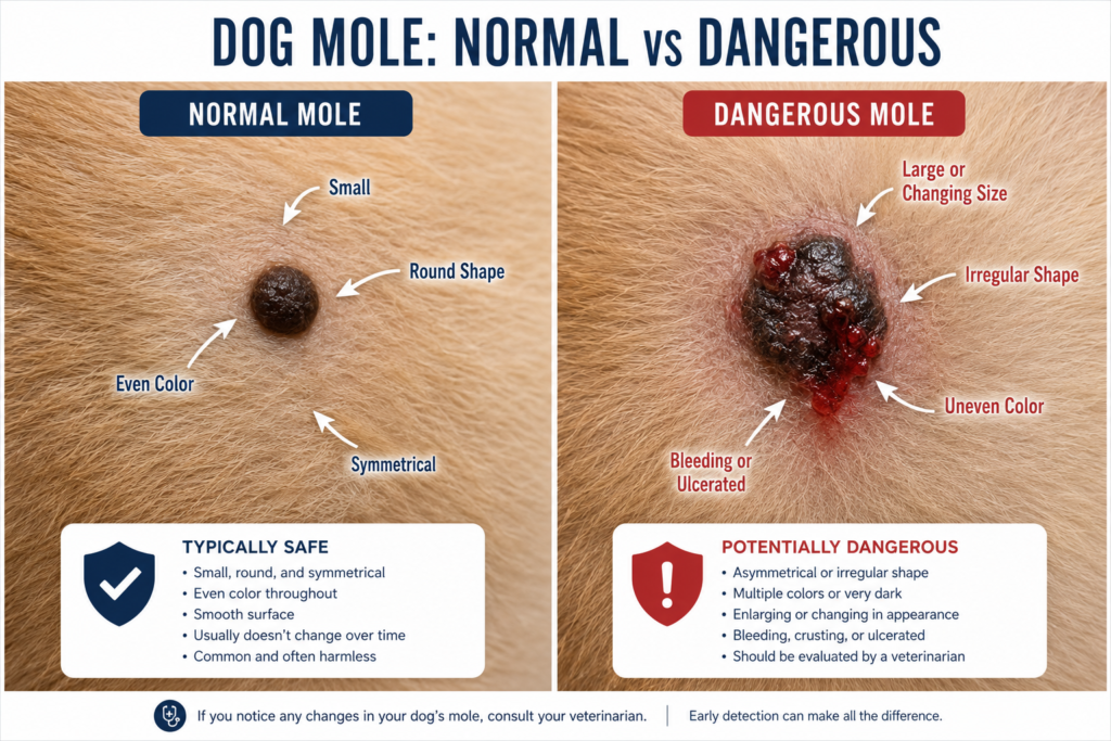 Why do German Shepherds have moles comparison showing harmless vs dangerous mole signs like size color change and bleeding