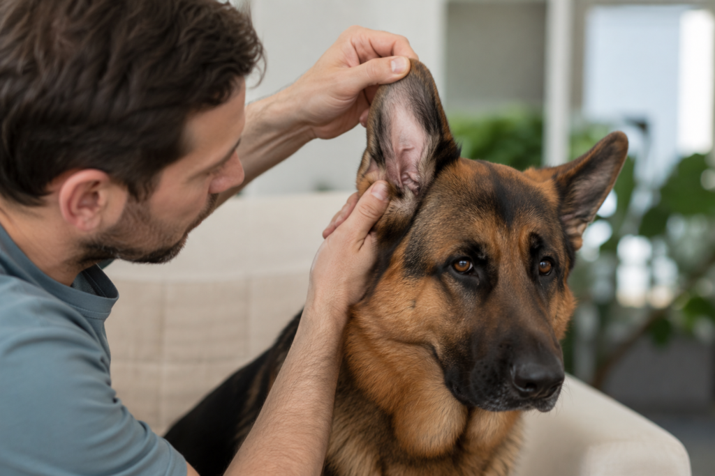 Owner checking German Shepherd ears after noticing head tilting and possible ear infection symptoms at home
