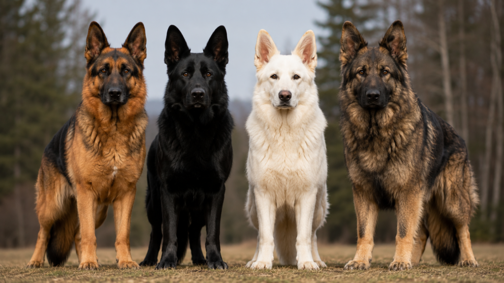 What does a German Shepherd look like in black tan solid black white and sable coat colours comparison