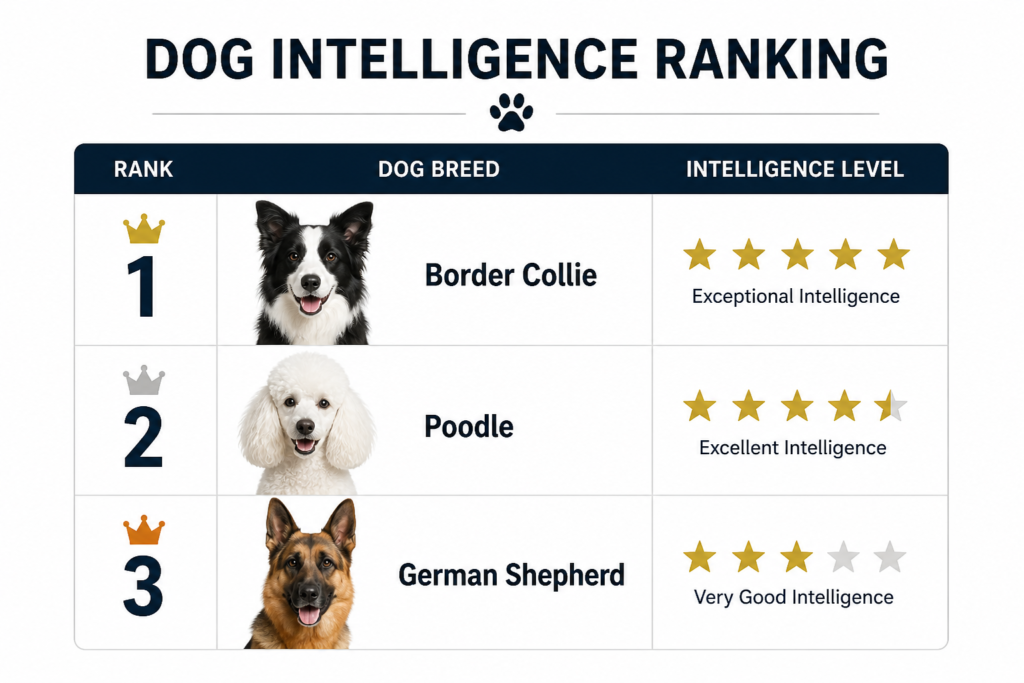 Dog intelligence ranking chart showing what is the IQ of a German Shepherd compared to other smartest dog breeds