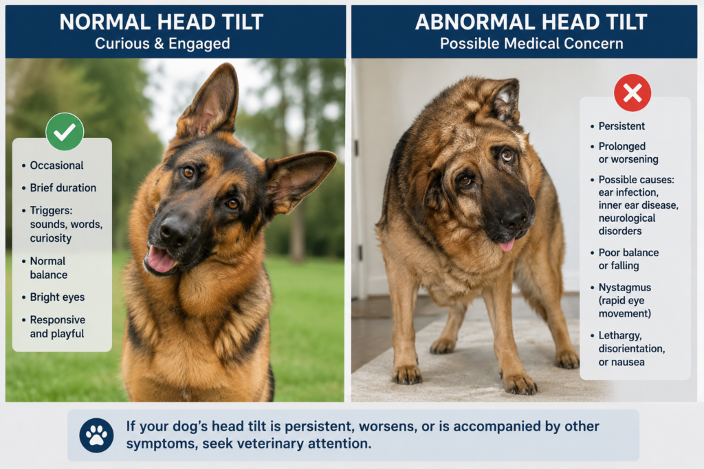 Comparison between normal German Shepherd head tilt and abnormal head tilting caused by health problems