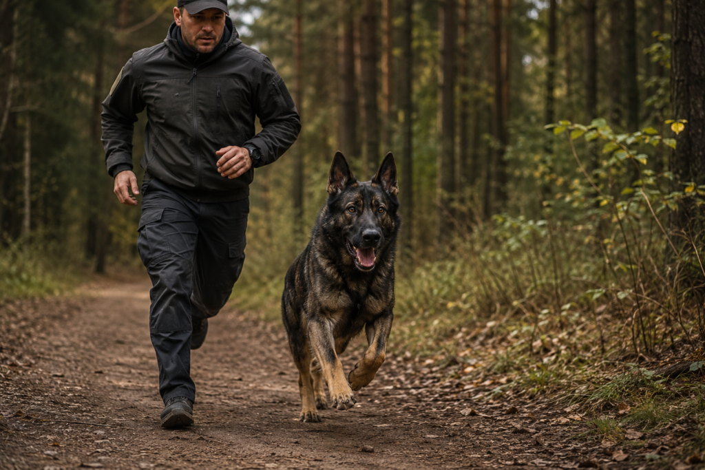 DDR German Shepherd exercising outdoors with owner showing athletic body, endurance, and high energy level