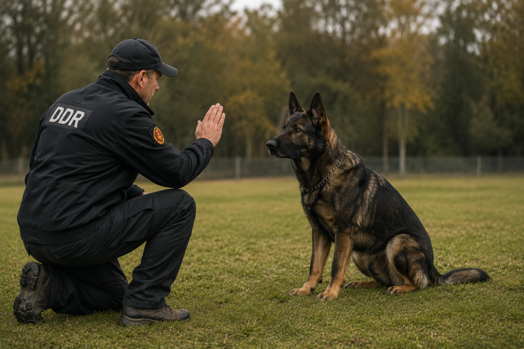 DDR German Shepherd during obedience training showing loyal temperament, focus, intelligence, and strong discipline