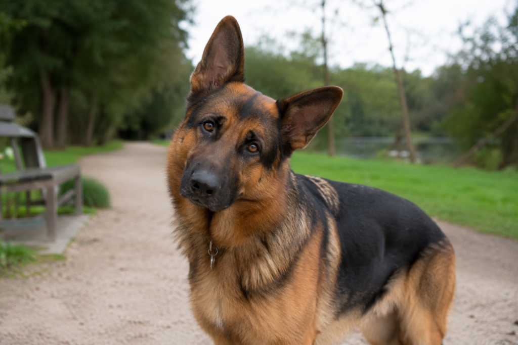 German Shepherd tilting head outdoors while listening carefully to unusual sounds in the surrounding environment