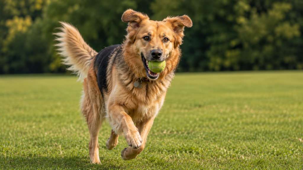 Golden Retriever German Shepherd Mix enjoying exercise and outdoor fetch activity